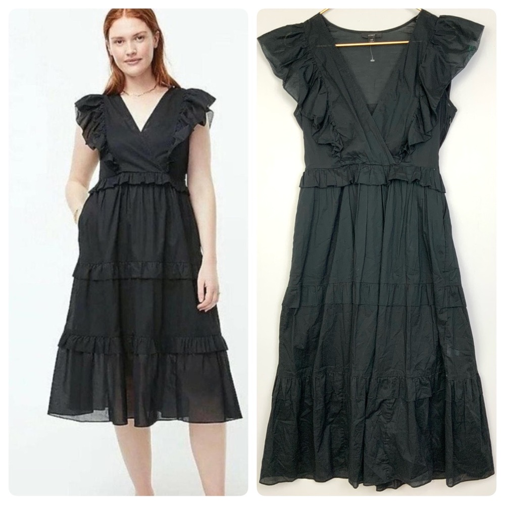 J. Crew XS Black Ruffle Sleeve Voile Cotton V-Neck A-Line Tiered Midi Dress